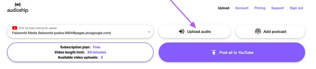 Audioship add single audio file to YouTube