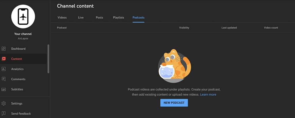 YouTube Studio Podcast Tab