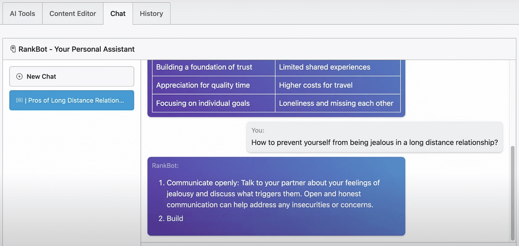 RankBot. Use the smart SEO chatbot to research topics and gather insights from Rank Math and WordPress dashboard.