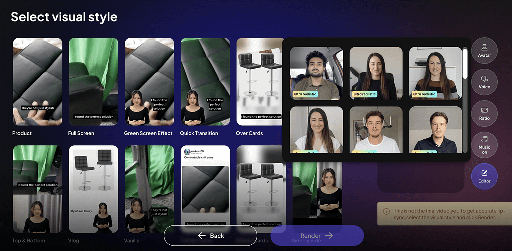 Creatify choosing between different avatars