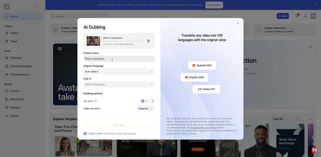 Screenshot of the Synthesia video upload screen, showing a "drag and drop" box.