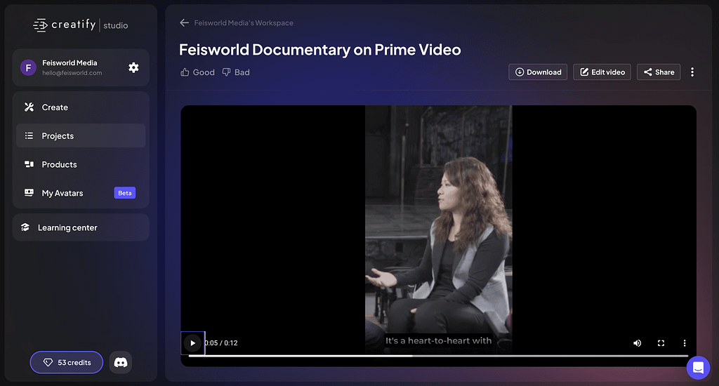 Feisworld Docuseries Ad using Creatify