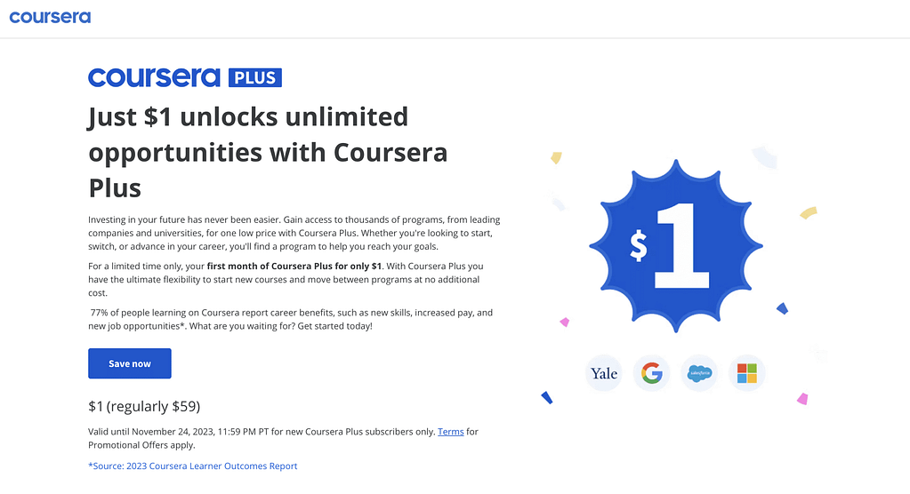Coursera Black Friday Deal 2023: Coursera Plus at Just $1