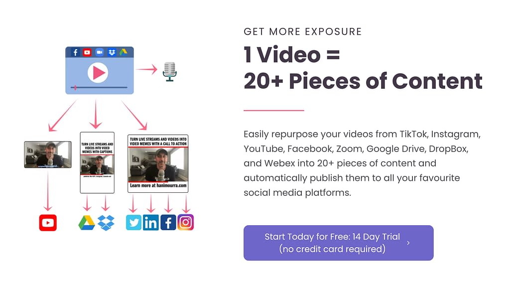 Repurpose.io repurposes 1 video into 20+ pieces of content.