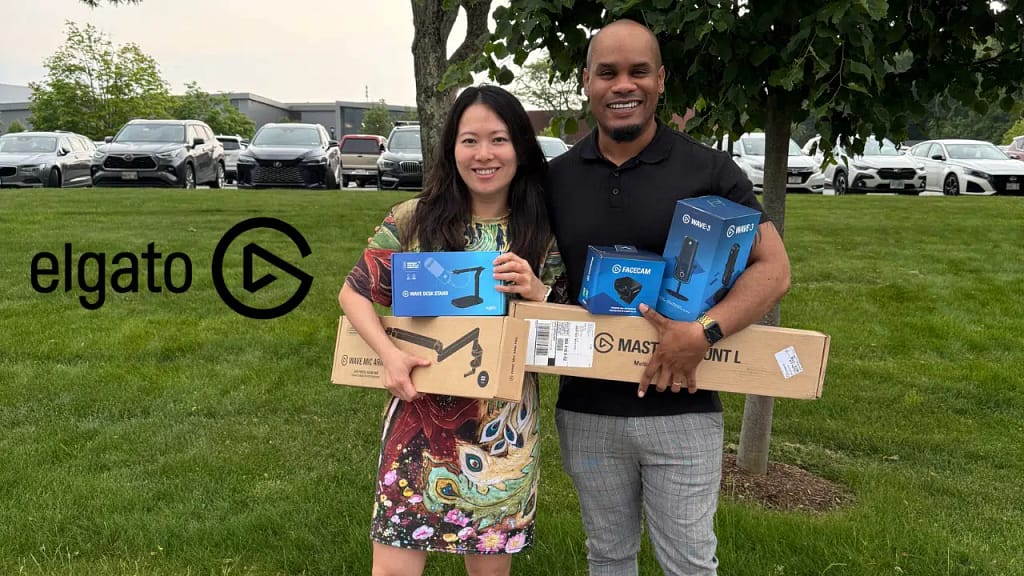 Fei Wu and Fabian Barracks holding Elgato products