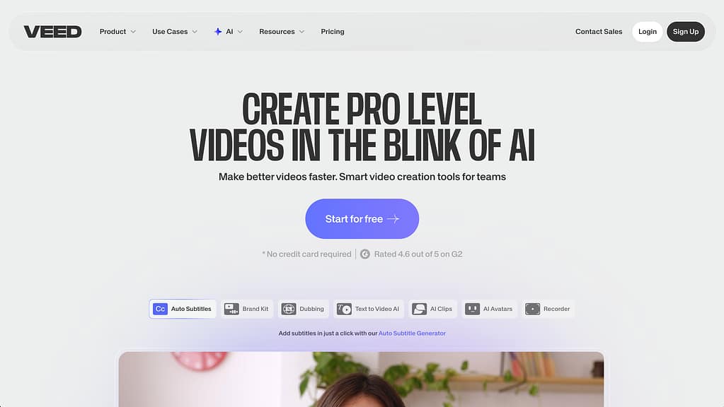 VEED.io online video editor with AI translation panel open showing subtitle generation and basic dubbing options