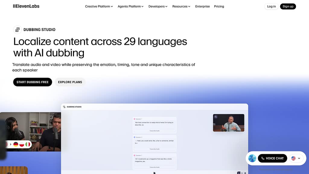 ElevenLabs Dubbing Studio interface showcasing world-class AI voice cloning for audio-only translation