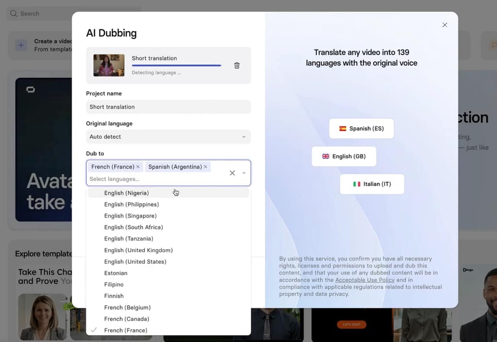 Screenshot showing the language selection menu in Synthesia, with multiple languages like Spanish, French, and German checked.