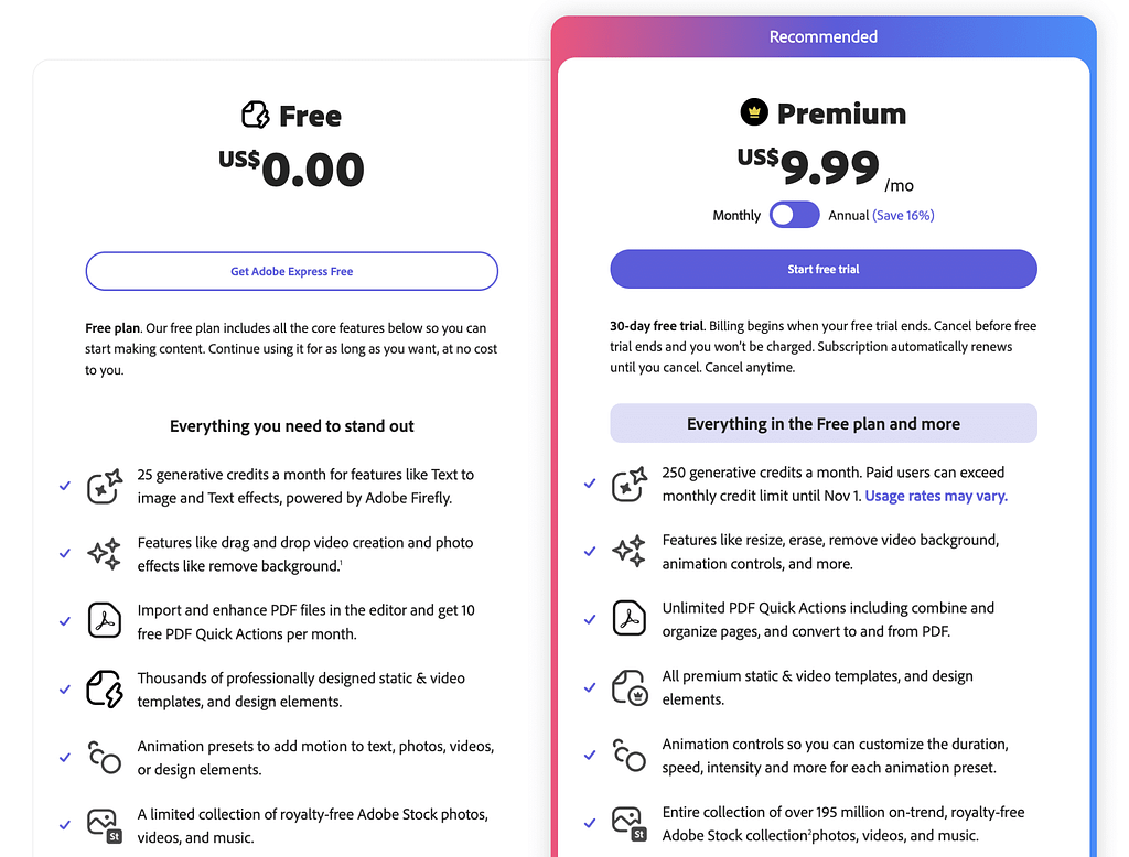 Adobe Express Pricing