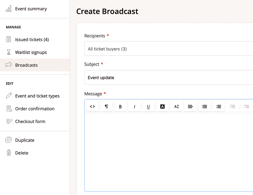 Ticket Tailor Create Broadcast