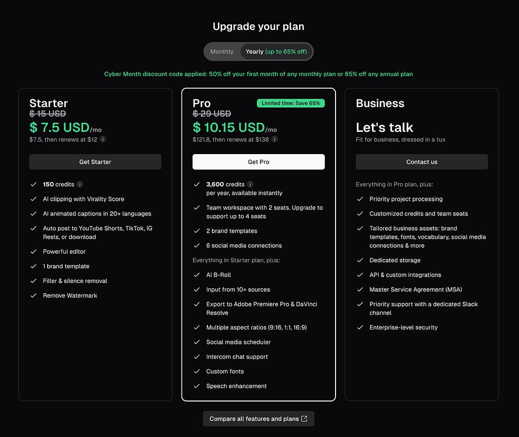 OpusClip Black Friday Pricing in 2025: Get 50% off the first month, or 65% off the annual plan.