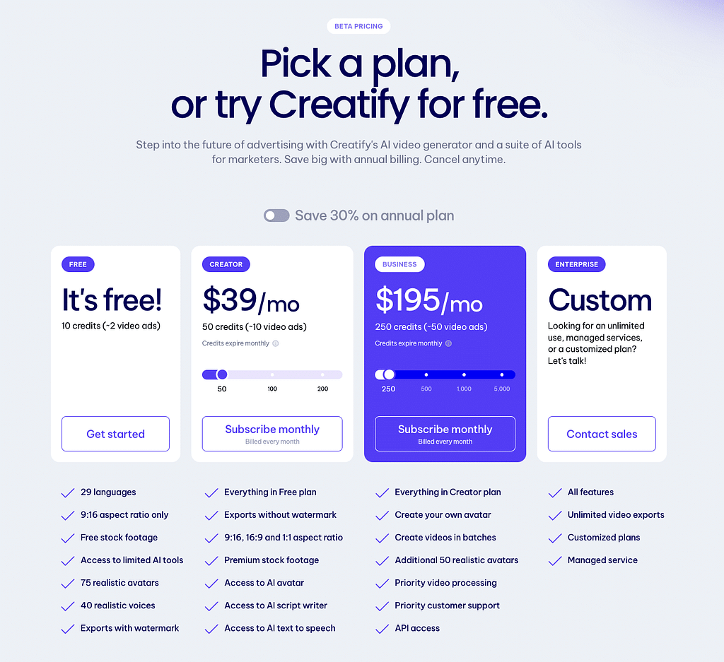 Creatify pricing in 2024