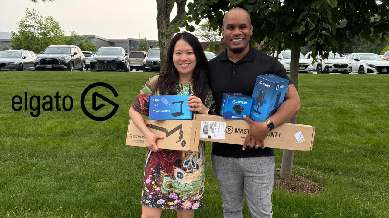 Fei Wu and Fabian Barracks holding Elgato products